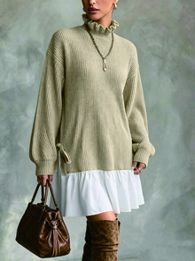 Trelyra Women's Colorblock Pleated Casual Everyday Knit Dress - Apricot - View 4