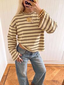 SHEIN EZwear 海外長袖黃色與巧克力色條紋襯衫，秋季上衣，適合日常通勤、派對、秋冬/夏季、聖誕節、新年、感恩節、婚禮、海灘、畢業典禮、優雅、外出、約會、情人節、度假、Y2K、畢業典禮及其他場合 - 彩色 - 查看 3