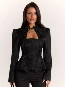 SHEIN BAE Women's Hollow Out Casual Daily Commute Travel Long Sleeve Blazer - Black - View 5