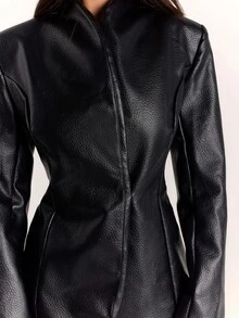 SHEIN BAE Women's Solid Color PU Leather Long Sleeve Fashion Blazer - Black - View 6