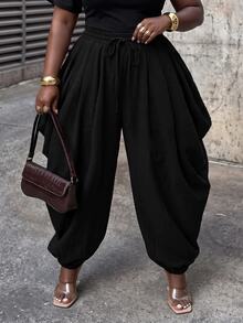 Slaydiva Plus Size Women's Pants, Olive Drawstring Side Draped Cuffed Harem Trousers Fall - Black - View 4