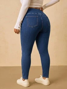 SHEIN MOD بنطلون جينز نسائي مقاس كبير بخصر غير متماثل للارتداء اليومي الكاجوال - أزرق متوسط - مشاهدة 2