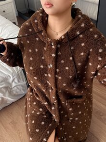 SHEIN Jubah Panjang Wanita Berkerudung Motif Polkadot Dua Sisi Bahan Fleece Musim Gugur/Dingin - Coklat - View 4