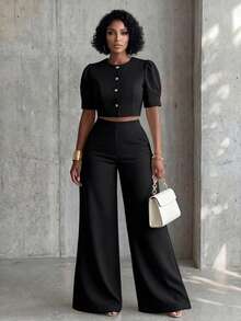 Eryvara Women's New Solid Color Summer Casual Vacation Round Neck Petal Sleeve Blouse & Loose Long Pants Two Pieces Set - Black - View 4