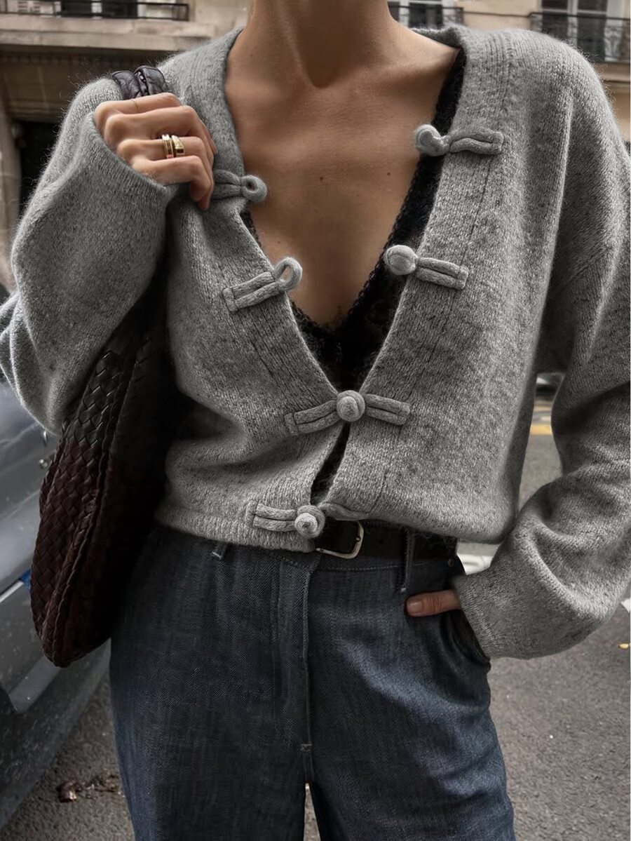 valorelle valorelle Women's V-Neck Chinese Style Front-Button Closure Frog Button Dropped Shoulder Lantern Long Sleeve Short Loose Minimalist Cardigan - Grey - View 1