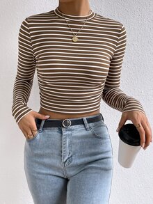 SHEIN Frenchy 女款韓式條紋拼色長袖圓領T恤 - 棕色 - 查看 4