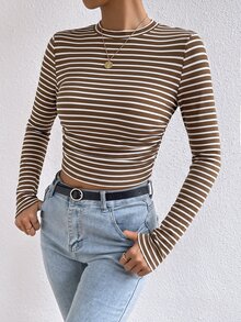 SHEIN Frenchy 女款韓式條紋拼色長袖圓領T恤 - 棕色 - 查看 6