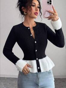 SHEIN Raffinéa Women's French Style Color Block Faux Mink Knit Cardigan, Autumn/Winter - Black and White - View 3