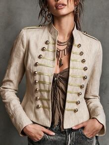 LUMIGAL Apricot Faux Linen Stand Collar Napoleon Metal Decorative Buttons Vintage Casual Style Short Jacket For Women - Apricot - View 1