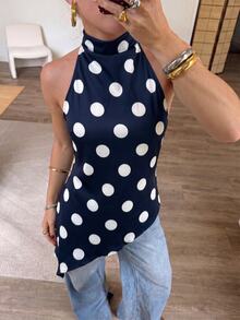 Firerie Women Summer Elegant Minimalist Casual Vacation Daily Commute Fashion Streetwear New Draped Backless Halter Neck Polka Dot Print Asymmetrical Hem Blouse Top - Navy Blue - View 7