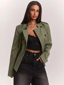 SHEIN BAE 設計款小立領修身收腰夾克，適合通勤與派對穿著，質感高級 - 軍綠色 - 查看 3