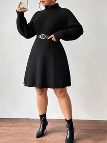 SHEIN LUNE Plus Size Women's Solid Color Stand Collar Casual Daily Knit Dress - Black - View 1