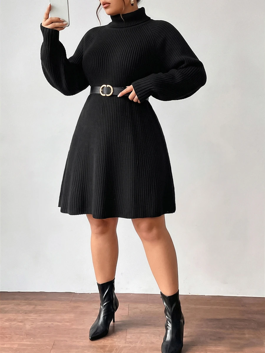 SHEIN LUNE Plus Size Women's Solid Color Stand Collar Casual Daily Knit Dress - Black - View 1