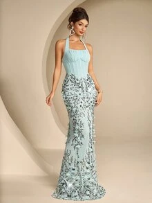 Coutiva Women's Rhinestone Decorated Elegant Cinched Waist Formal Evening Gown Dress - Green - View 4