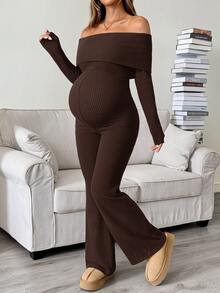 SHEIN Maternity Solid Color Off-Shoulder Casual Daily Wear Jumpsuit - Brown - View 1