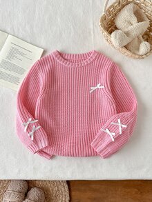 SHEIN 女童粉色時尚可愛蝴蝶結圓領套頭針織毛衣，百搭柔軟舒適面料保暖修身穿著，適合秋冬季節學校日常出行旅行，甜美公主風精緻優雅經典耐穿設計，高品質面料細膩親膚溫暖，多場景穿著實用值得擁有 - 藕粉色 - 查看 1