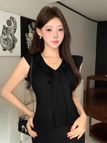 Joudiya 春夏短袖襯衫，荷葉邊飾邊，拼接繫帶前襟設計，優雅時尚襯衫，適用婚禮、宴會、派對、晚裝、通勤 - 黑色 - 查看 4