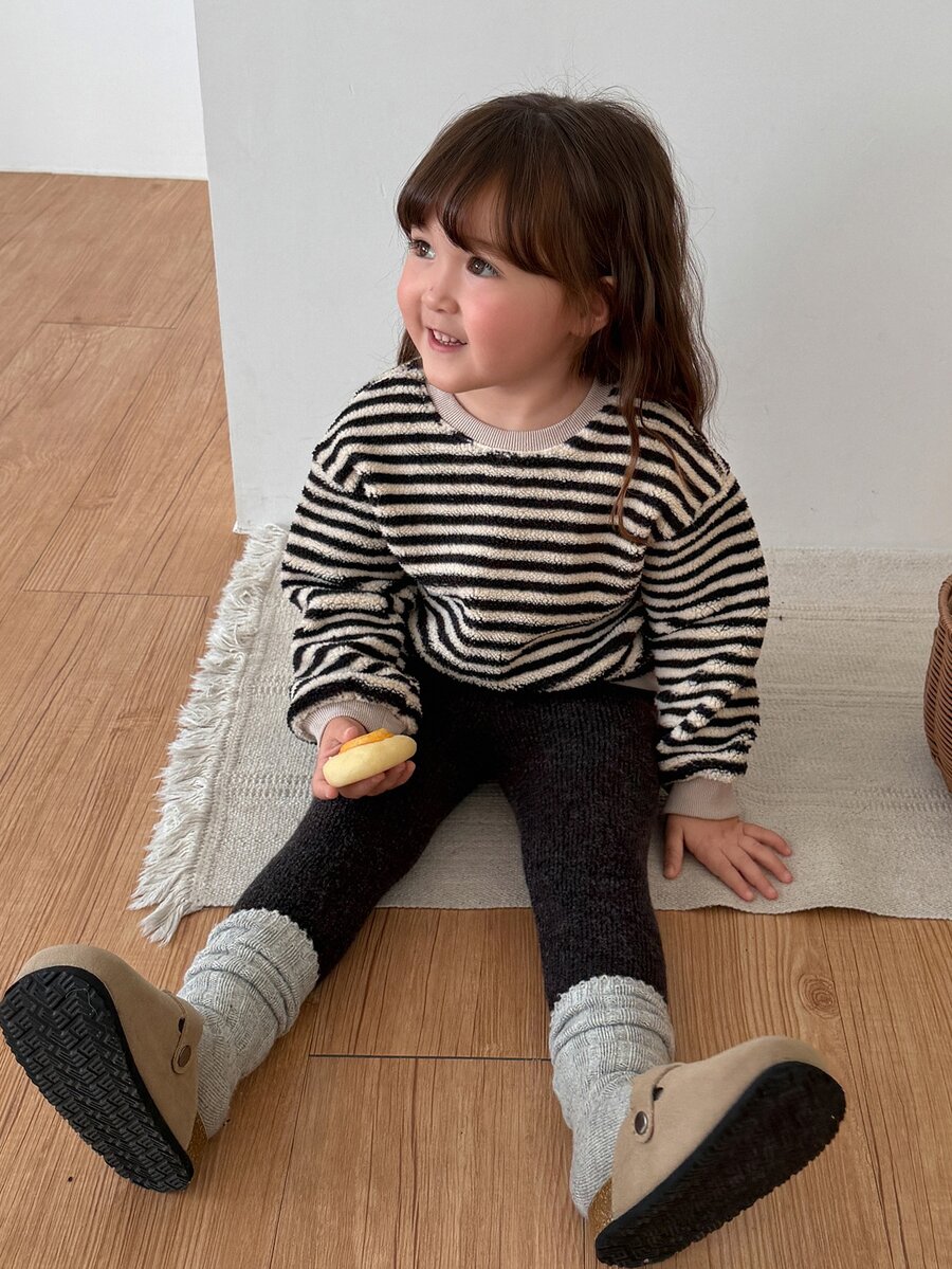 DAZY Infant (Girl) Round Neck Striped Korean Style Long Sleeve Sweatshirt Set - Apricot - View 1