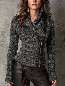 LUMIGAL Women Asymmetrical Zip Ribbed Knit JacketAutumn/Winter - Black - View 2