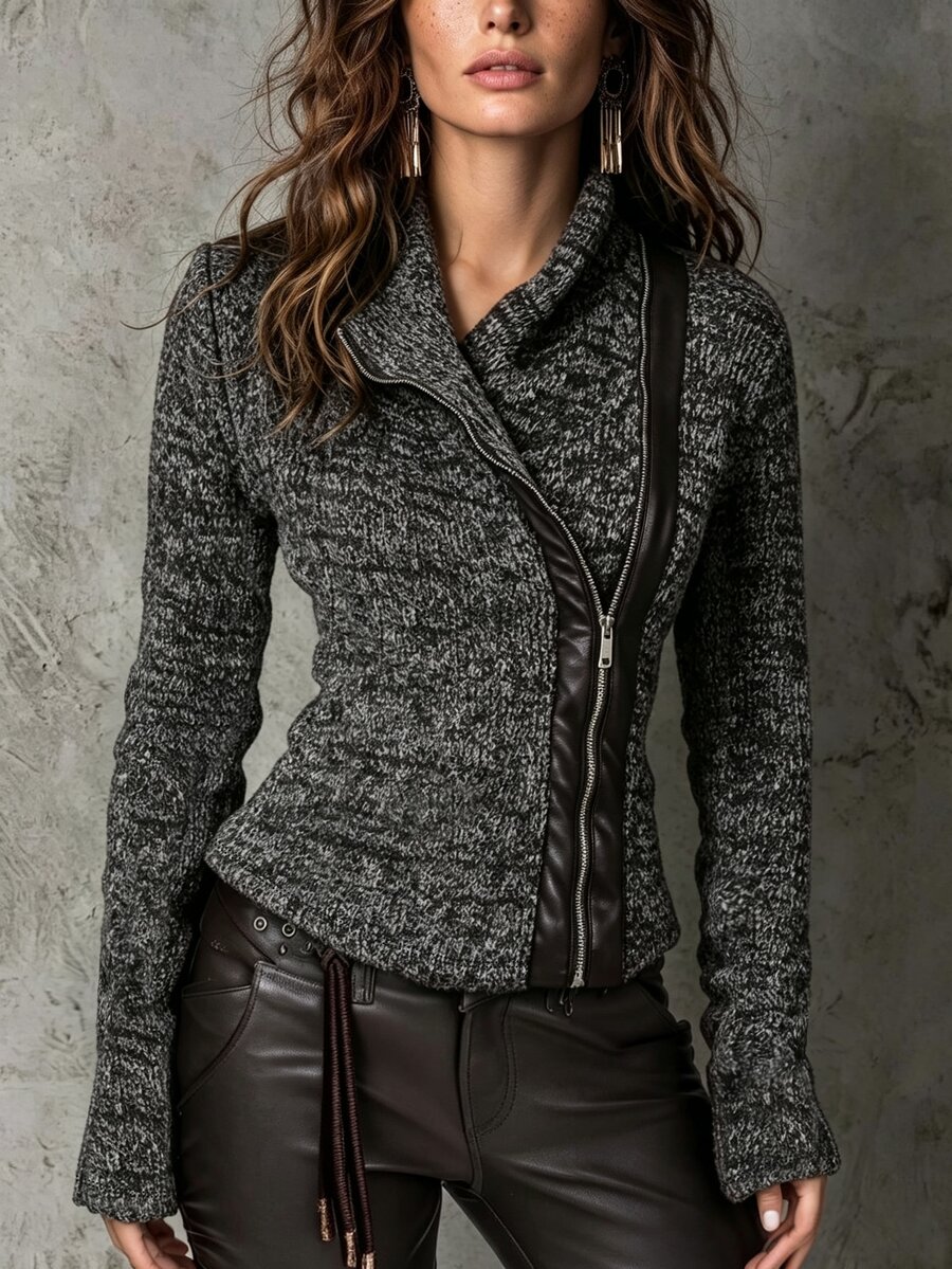 LUMIGAL Women Asymmetrical Zip Ribbed Knit JacketAutumn/Winter