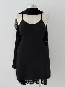 Sunspun Fashion High Neck Lace Batwing Long Sleeve 2 In 1 Dress Fall - Black - View 4
