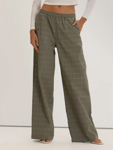 MUSEYN Khaki Grid Print Wide Leg Elasticated Waistband Pants Versatile Everyday Casual Fall - Grey - View 2