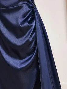 婚禮季青少年女孩高級緞面細肩帶柔軟面料長洋裝 正式禮服 適用於舞會 表演 生日派對 宴會 全季節 - 藏蓝色 - 查看 5