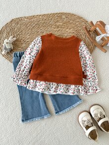 SHEIN 2pcs Baby Girl Light Brown Long Sleeve Floral Fabric Patchwork Fuzzy Knit Ribbed 2 In 1 Round Neck 3D Bow Ruffle Hem Top + Elastic Waist Washed Blue Denim Jeans Flared Pants Casual Retro Fashion Outfit Set, Suitable For Autumn/Winter Daily Wear And Versatile Styling - Multicolor - View 3