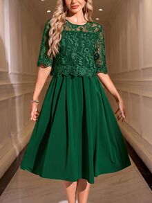 SHEIN Clasi 女款蕾絲荷葉邊休閒派對洋裝 - 墨綠色 - 查看 4