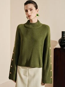 Arave Sweater Kasual Wanita Bahan Akrilik, Potongan Longgar, Lengan Samping, Desain Kancing - Hijau Tentara - View 9