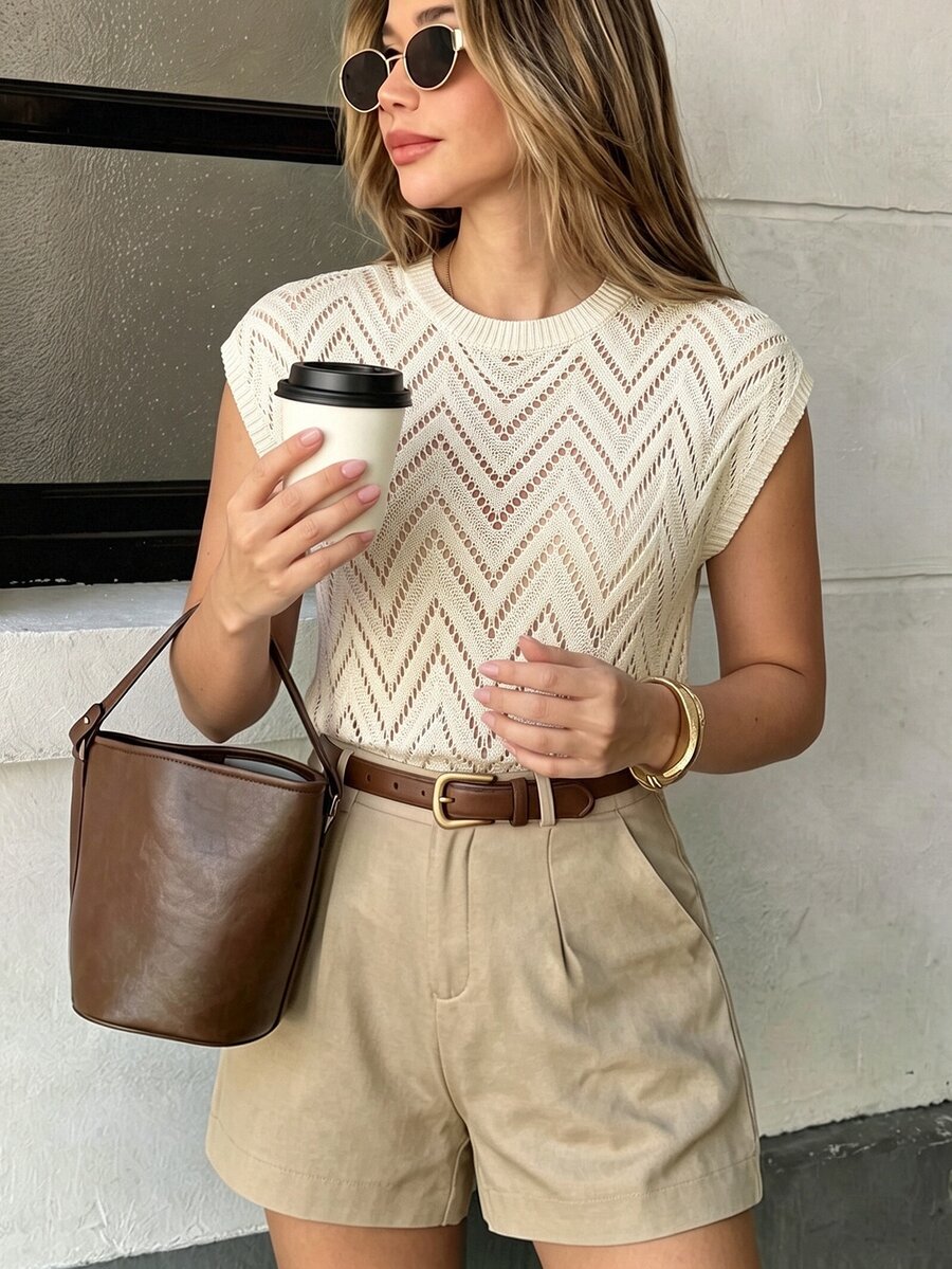 RosyDaze European & American Style Jacquard Hollow Knit Top Women Spring Summer Round Neck Cap Sleeve Pullover Thin Casual Daily Commute - Apricot - View 1