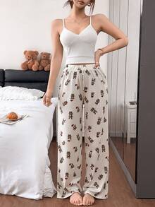 Napfluff Lace Patchwork Sexy Women Pajama Set Christmas Teddy Bear Print Casual Loungewear - Apricot - View 5