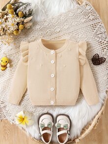 Elladie kids 女嬰秋冬純色單排扣拼接荷葉邊針織開襟衫 - 杏色 - 查看 1