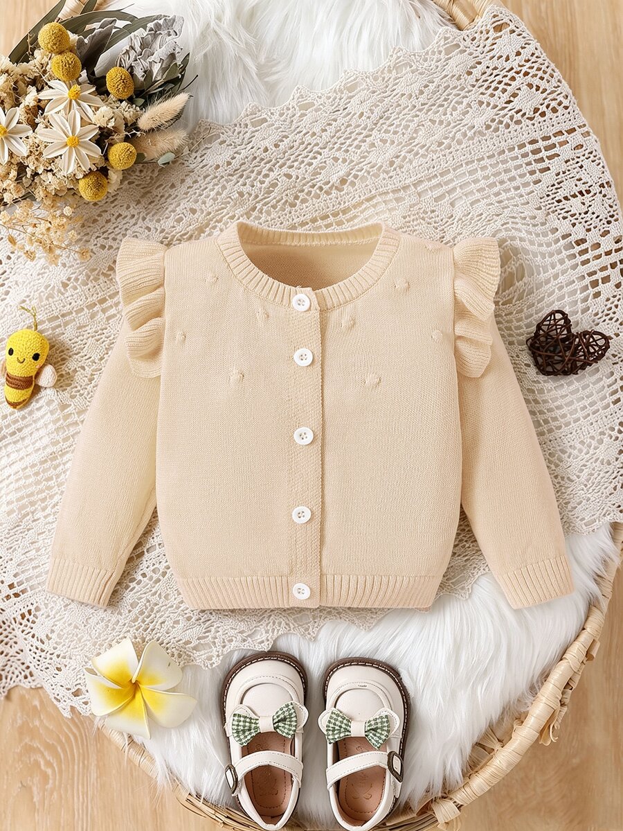Elladie kids 女嬰秋冬純色單排扣拼接荷葉邊針織開襟衫 - 杏色 - 查看 1