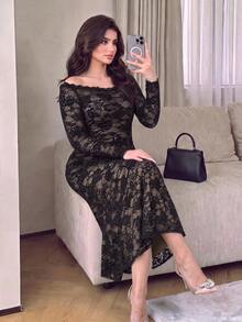 Modelyn Plus Size Off Shoulder Sheer Lace Dress - Black - View 5