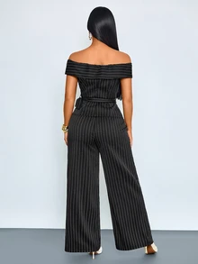 SOLERSUN Women's Off Shoulder Striped Suit High Waist Wide Leg Pants Two Pieces SetPerfect Vacations And Parties - Black - View 2