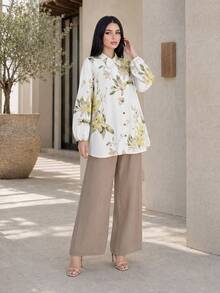 Auveirra Plus Size Women Floral Print Long Sleeve Top And Pants Casual Daily 2 Pieces Set - Brown - View 6