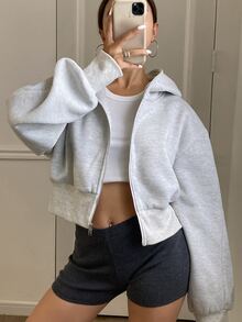 Livesso Tall Women's Hooded Short Casual Sweatshirt - Light Grey - View 8