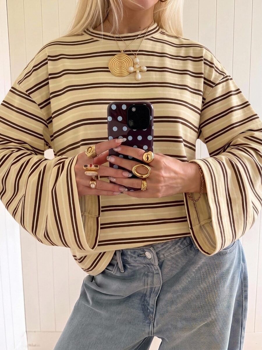 SHEIN EZwear 海外長袖黃色與巧克力色條紋襯衫,秋季上衣,適合日常通勤、派對、秋冬/夏季、聖誕節、新年、感恩節、婚禮、海灘、畢業典禮、優雅、外出、約會、情人節、度假、Y2K、畢業典禮及其他場合 - 彩色 - 查看 1
