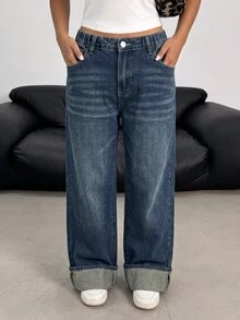 SHEIN Celana Panjang Denim Biru Tua Longgar dengan Lipatan di Bagian Bawah untuk Remaja Perempuan - Biru - View 4