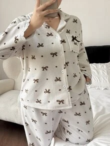 Napfluff CURVE Napfluff CURVE Plus Size Women Sweet Bow Print Coral Fleece Pajama Set - Multicolor - View 6