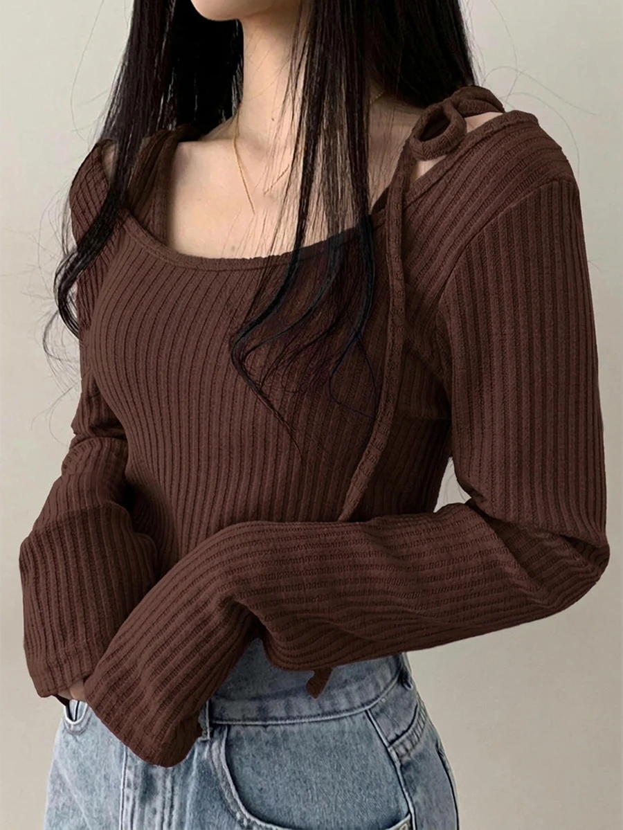 DAZY Women's Lace-Up Asymmetric Shoulder Solid Color Long Sleeve 2 In 1 T-Shirt - Coffee Brown - View 1