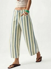 SHEIN MOD Plus Size Street Fashion Button Striped Colorblock Denim Jeans - Multicolor - View 3