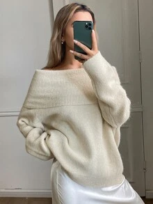DAZY Solid Color Loose Off-Shoulder Long Sleeve Cold Shoulder Casual Vacation Korean Style Daily Versatile Autumn Winter Knit Sweater For Women - Apricot - View 2