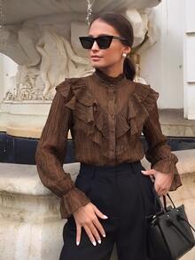 Firerie Autumn Women Elegant Sophisticated Romantic Palace Vintage Stand Collar Ruffle Jacquard Textured Button Bell Sleeve Apricot Blouse Going Out Tops - Brown - View 6