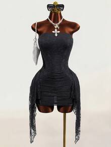 Mistrie Women's Lace Ribbon Sexy Slim Fit Bodycon Short Dress - Black - View 4