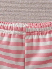 SHEIN 2件組新生女嬰套頭上衣褲子套裝，可愛甜美馬卡龍粉藍白條紋兔兔蝴蝶結長袖圓領，冬季假期公主風親子裝 - 藕粉色 - 查看 9