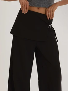 MUSEYN Black Woven Fold Over Buckle Layered Trousers Versatile Everyday Casual Fall - Black - View 5