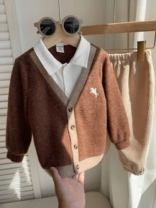 SHEIN 中性嬰兒男童幼兒秋冬休閒百搭拼接拼色2合1襯衫套裝，外套套裝 - 藏蓝色 - 查看 4