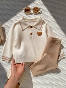 SHEIN 中性嬰兒男孩/女孩幼兒 2件組秋冬加厚抓絨針織毛衣套裝，嬰兒針織套裝，嬰兒毛衣，嬰兒套裝，聖誕節 - 卡其色 - 查看 7